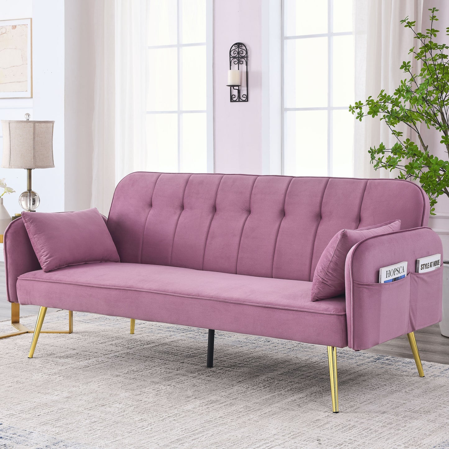 72.5 Pink Velvet Convertible Sofa Bed with Adjustable Backrest and Metal Legs