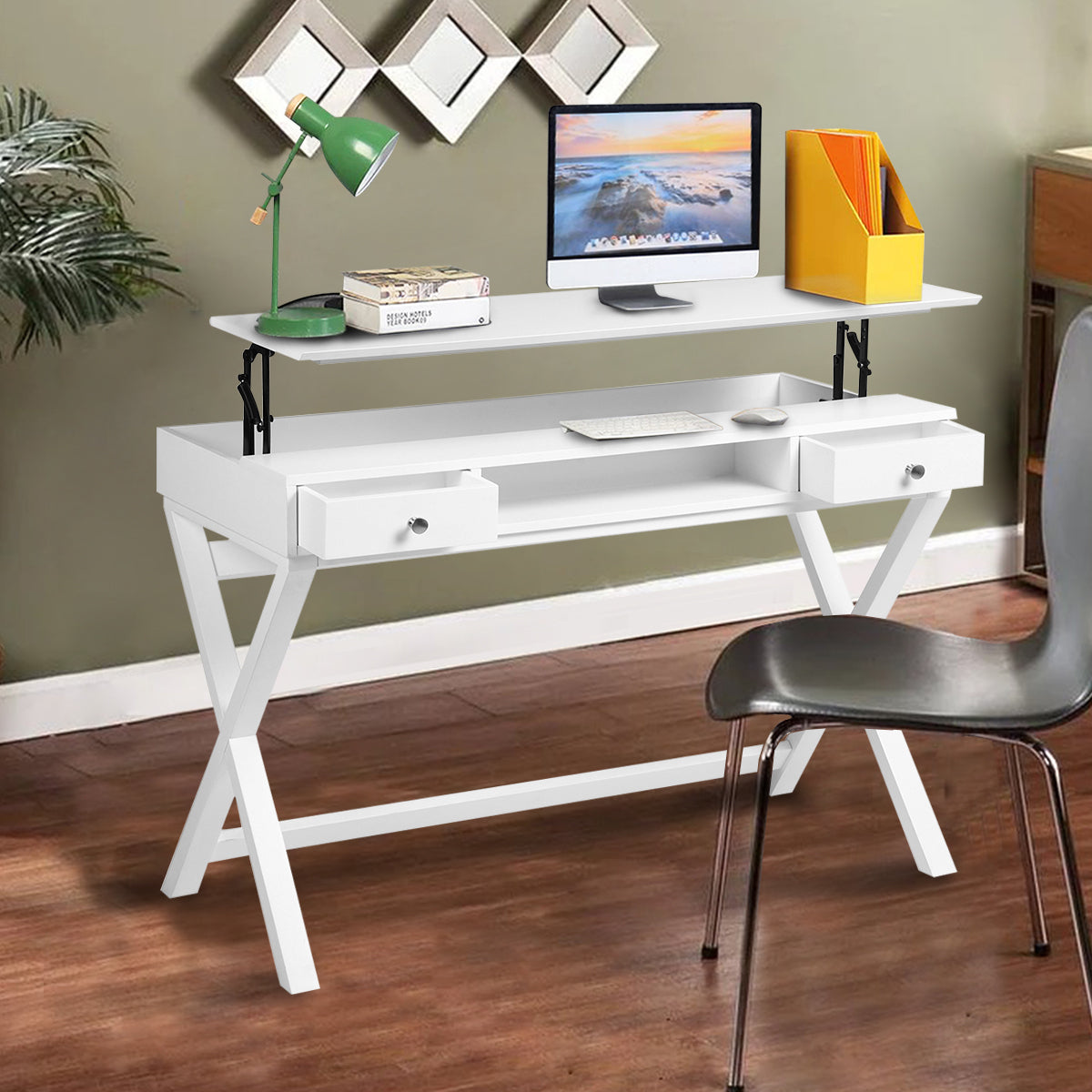 Adjustable Lift Desk with Storage Drawers, Contemporary Farmhouse Home Office Desk, White