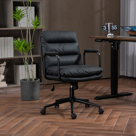 Office Chair,Mid Back Home Office Desk Task Chair with Wheels and Arms Ergonomic PU Leather Computer Rolling Swivel Chair with Padded Armrest,The back of the chair can recline 40° (Black)