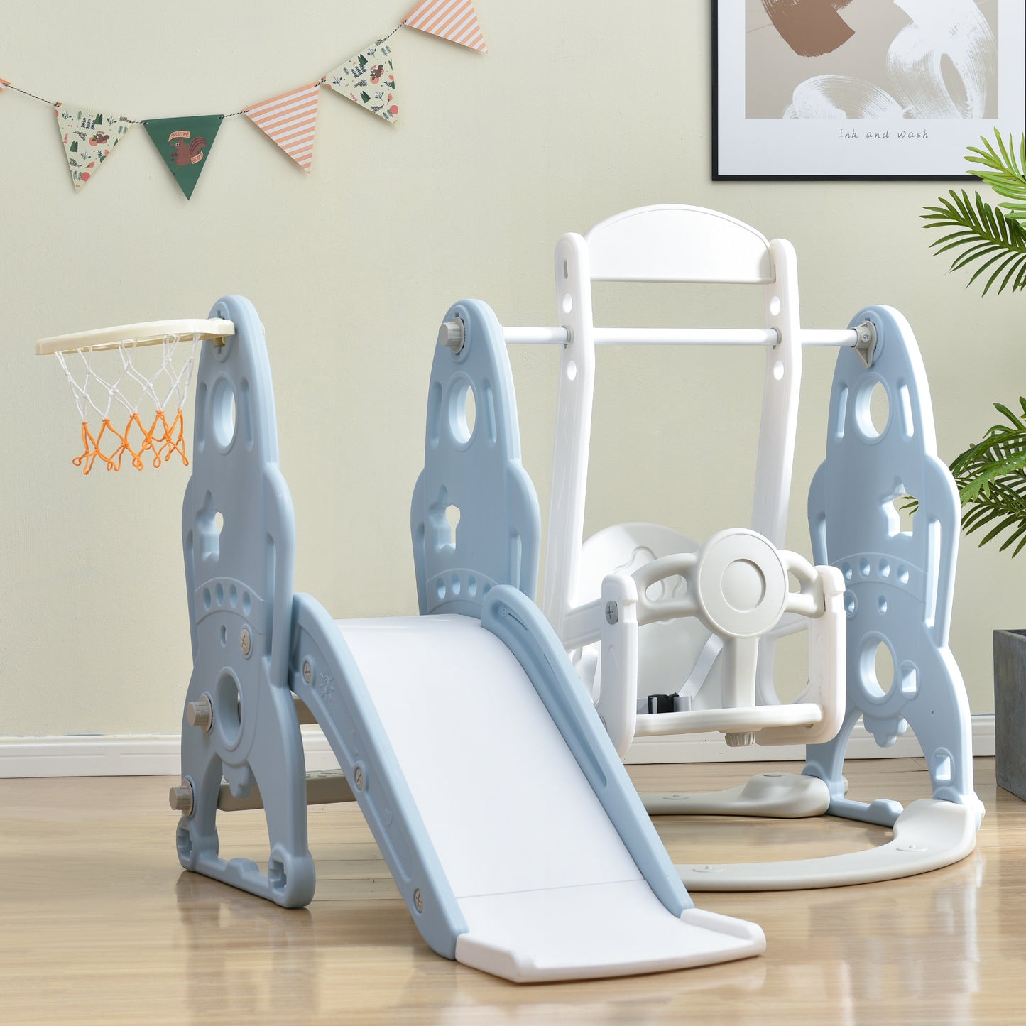 3-in-1 Toddler Slide, Swing, and Basketball Hoop Playset for Indoor & Outdoor