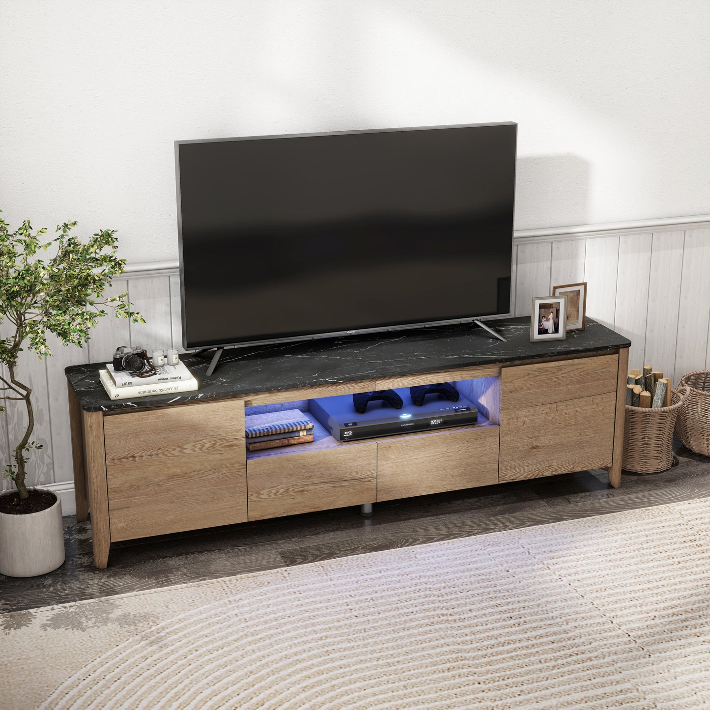 Sleek 70 TV Stand with LED Lights and Storage for 80 TVs