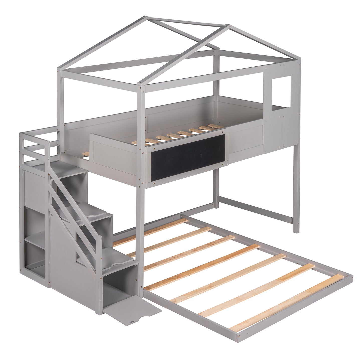 Whimsical Grey House Bunk Bed with Storage Staircase and Window