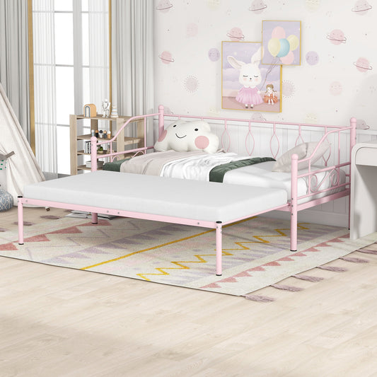 Twin Size Metal Daybed with Trundle, Daybed with Slat No Box required Pink