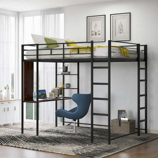 Full Size Metal Loft Bed with 2 Shelves and one Desk ,Black