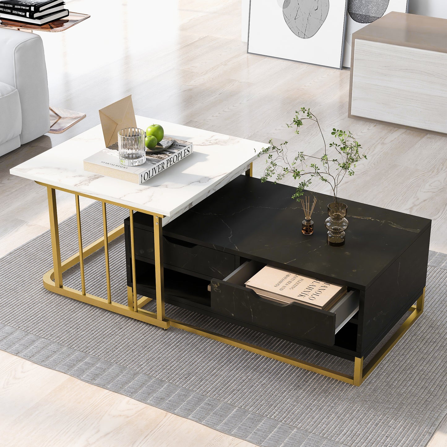 Elegant Marble Coffee Table Set with Metallic Finish and Storage Options