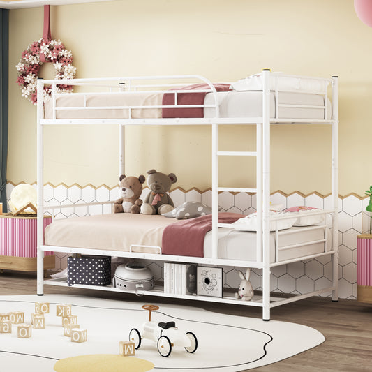 Metal Twin Bunk Bed with Underbed Shelf and Guardrails, White