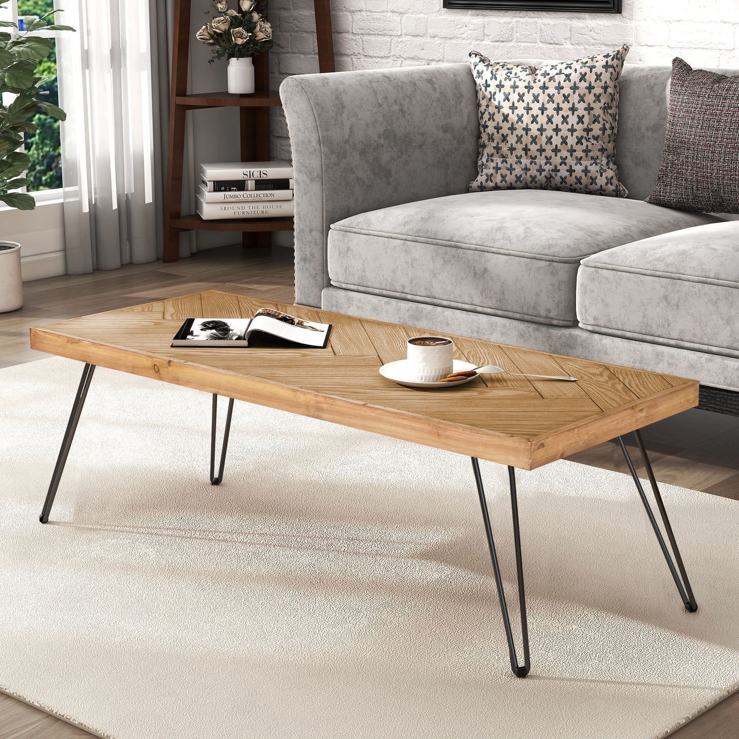 Retro-Modern Ash Wood Coffee Table with Chevron Pattern & Metal Hairpin Legs