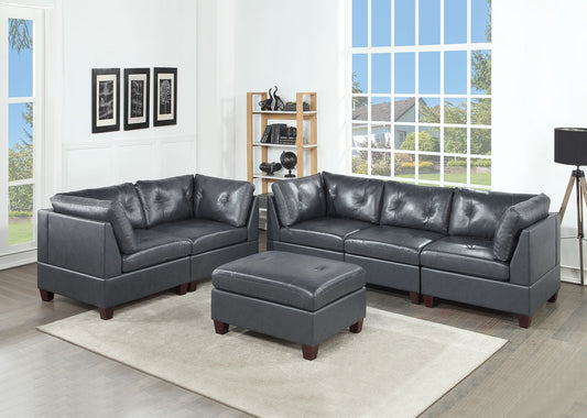 Luxurious Contemporary Black Leather Tufted Sectional Sofa Set