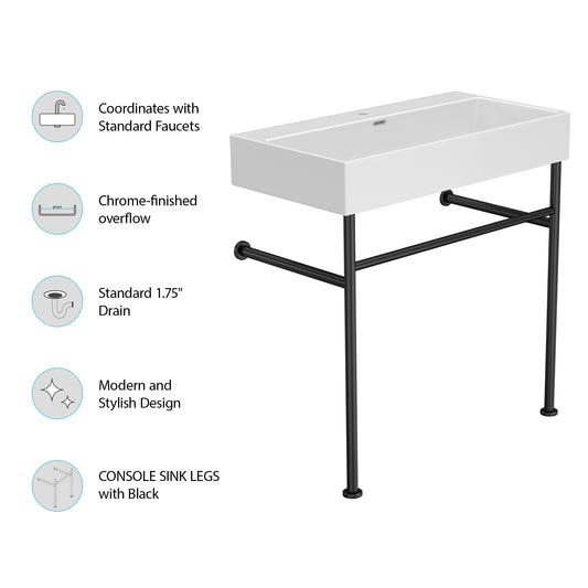 30" Bathroom Console Sink with Overflow,Ceramic Console Sink White Basin Black Legs