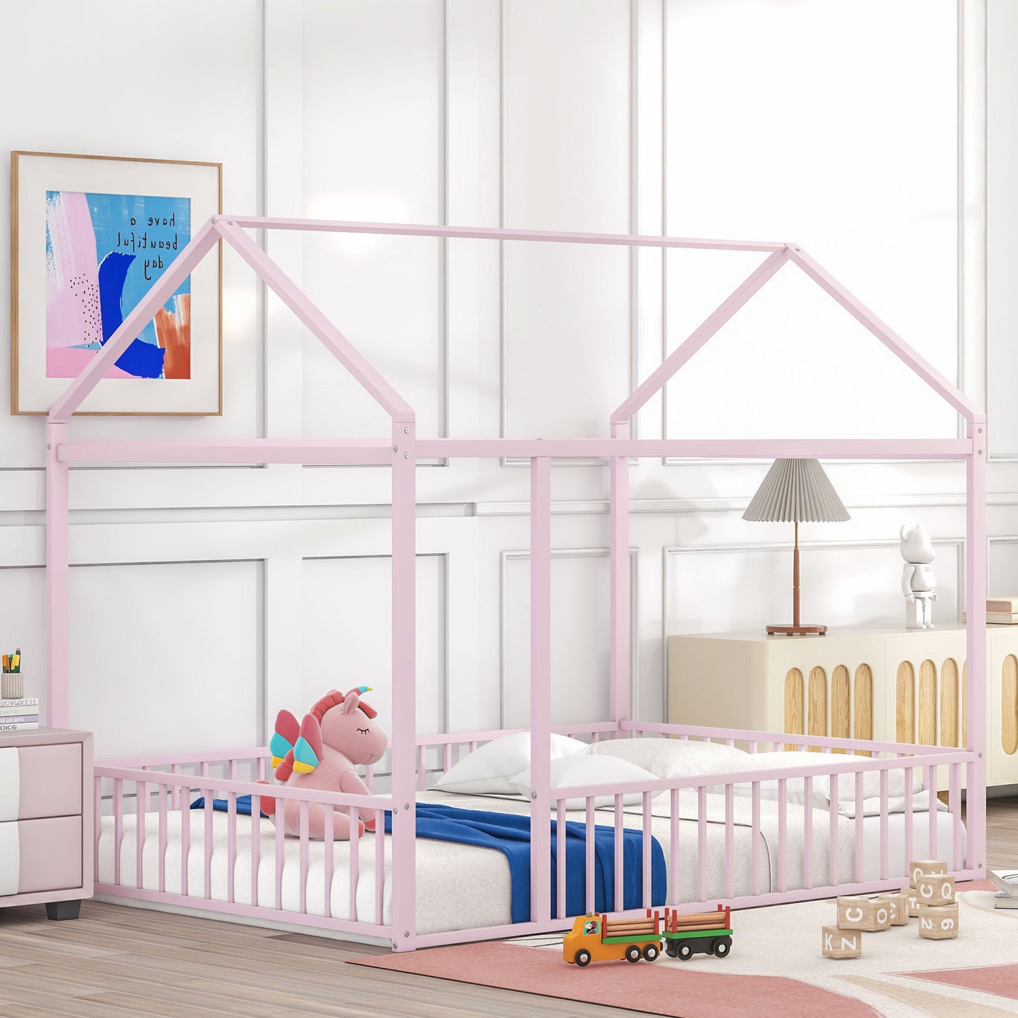 Full Size Metal Bed House Bed Frame with Fence, for Kids, Teens, Girls, Boys,Pink