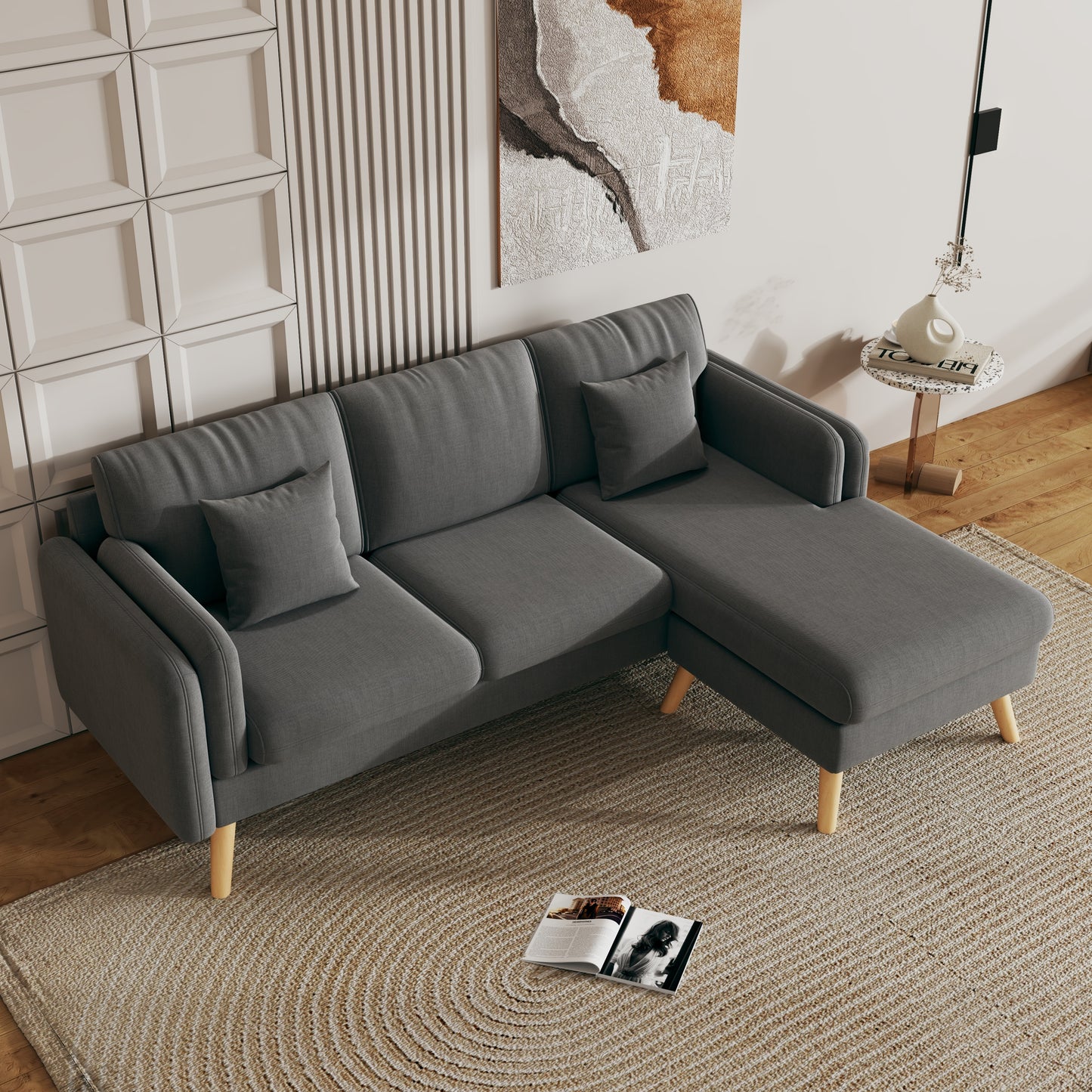 L-Shaped Dark Gray Sofa with Interchangeable Footrests and Double Armrests