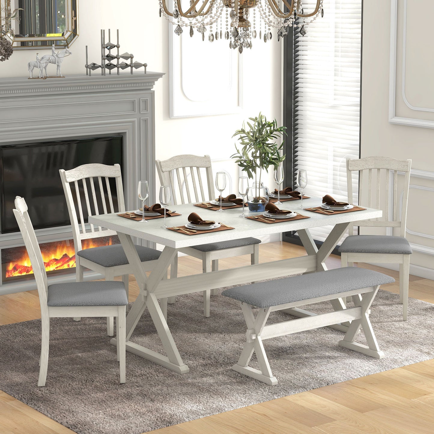 TREXM 6-Piece Rustic Dining Set, Rectangular Trestle Table and 4 Upholstered Chairs & 1 Bench for Dining Room (White Washed)