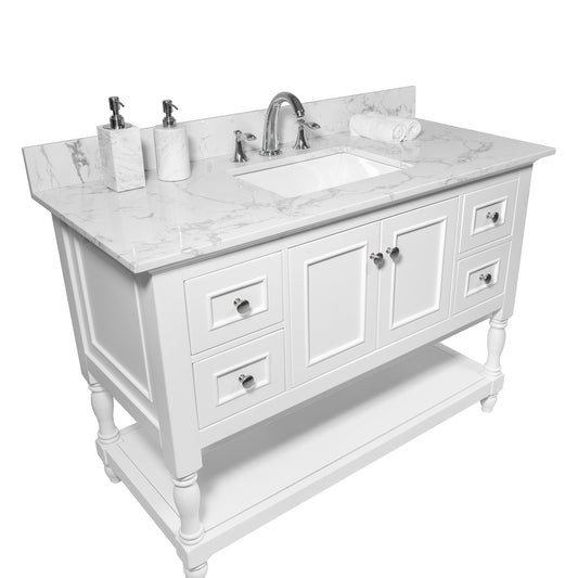 Montary 43x22 bathroom stone vanity top  engineered stone carrara white marble color with rectangle undermount ceramic sink and  3 faucet hole with back splash .