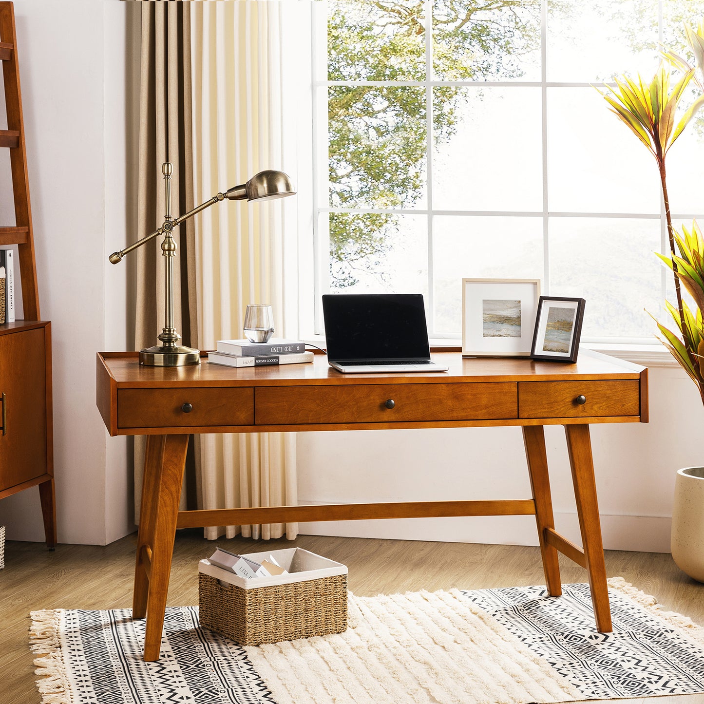 Birch Finish Computer Desk with Integrated Charging Station