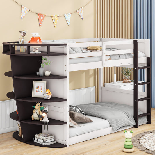 Boat-Themed Bunk Bed with Storage Shelves, Cream+Espresso