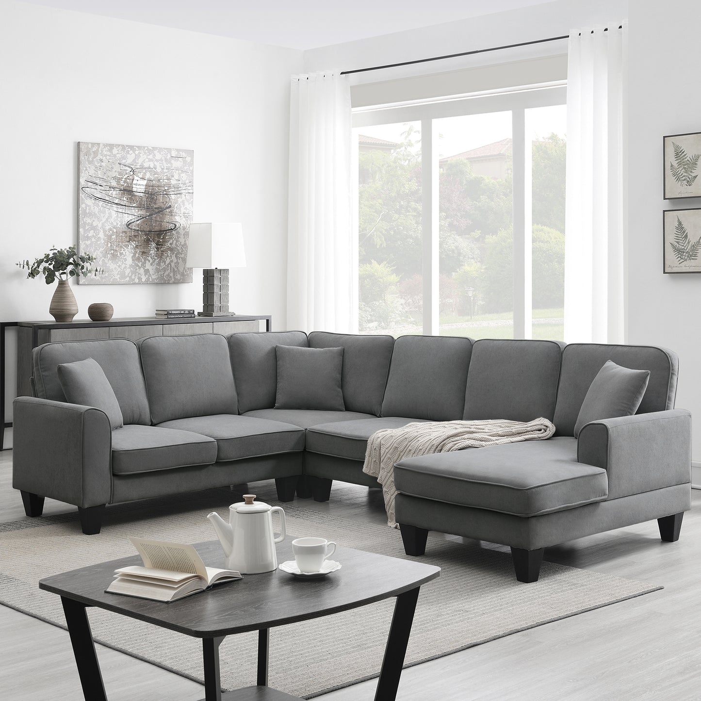 Modern U Shape Sectional Sofa Set with 3 Pillows, 7 Seat Fabric Sectional Sofa for Living Room, Apartment, Office