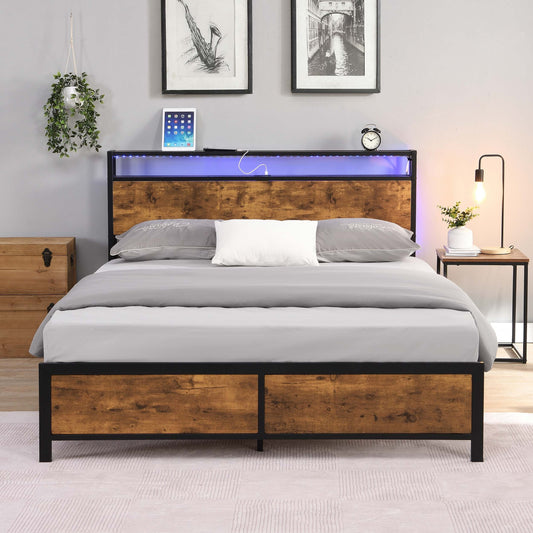 Industrial Full Bed Frame with LED Lights and 2 USB Ports, Bed Frame Full Size with Storage, Noise Free, No Box Spring Needed, Rustic Brown