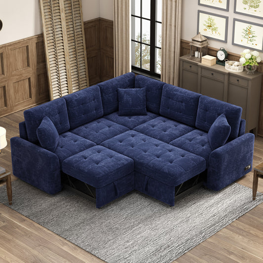 Convertible Navy Blue L-Shape Sleeper Sofa with USB Ports and Power Sockets