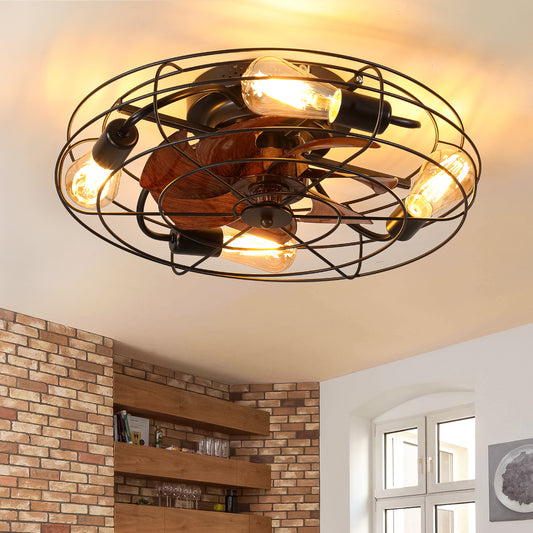 Modern Black Caged Ceiling Fan with Reversible Remote Control