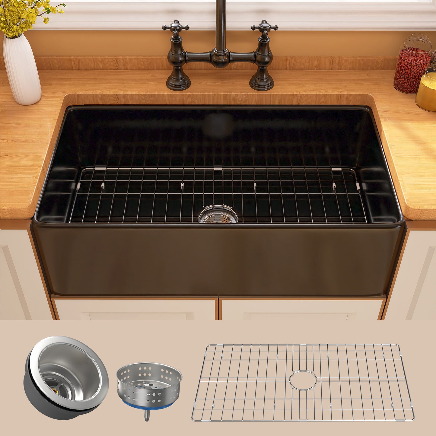 33 Black Fireclay Farmhouse Kitchen Sink with Bottom Grid and Drain