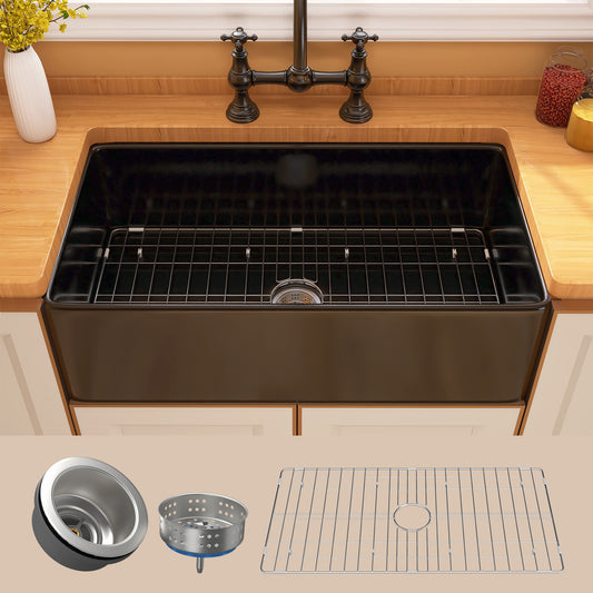 33 Black Fireclay Farmhouse Kitchen Sink with Bottom Grid and Drain