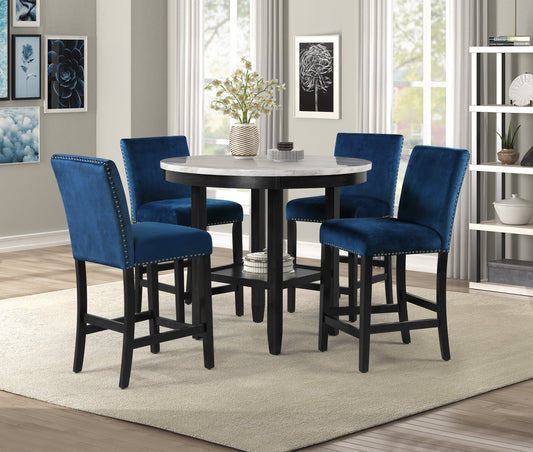 Transitional 5pc Round Counter Height Dining Table Set Faux Marble Upholstered Royal Blue Fabric Dining Room Wooden Furniture