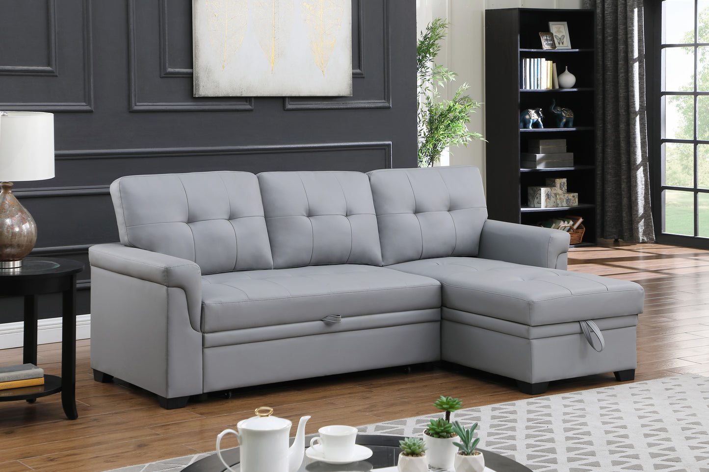 Gray Vegan Leather Sleeper Sectional Sofa with Chaise and Storage