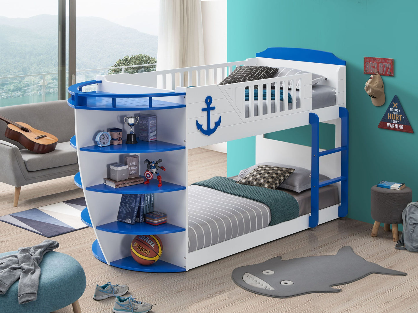 Sky Blue Neptune Bunk Bed with Storage Shelves