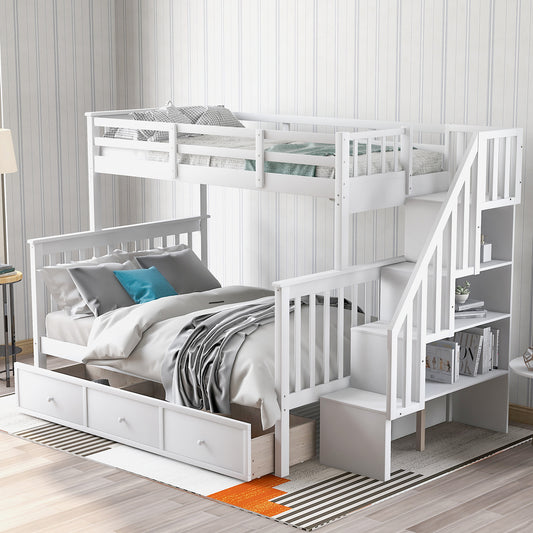 White Twin-Over-Full Bunk Bed with Stairway Drawer and Storage - Versatile Option