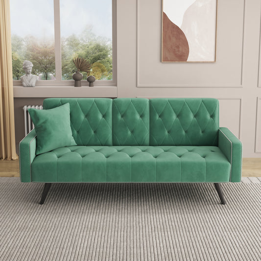 Green Velvet Sofa Bed with Nail Head Trim and Two Cup Holders - 72 Sofa for Small Spaces