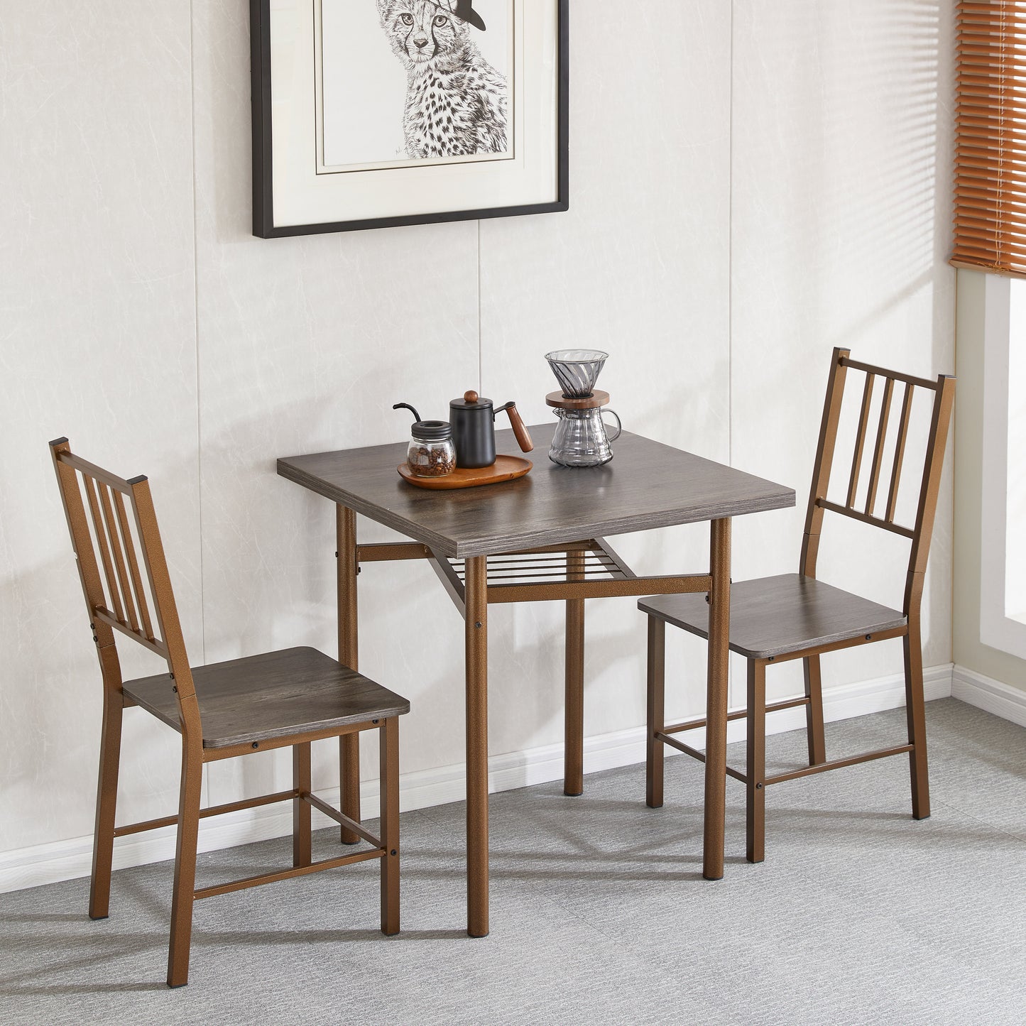 Dining Set for 2, Square wooden Dining Table with 4 Legs and 2 Metal Chair for Home Office, Kitchen, Dining Room