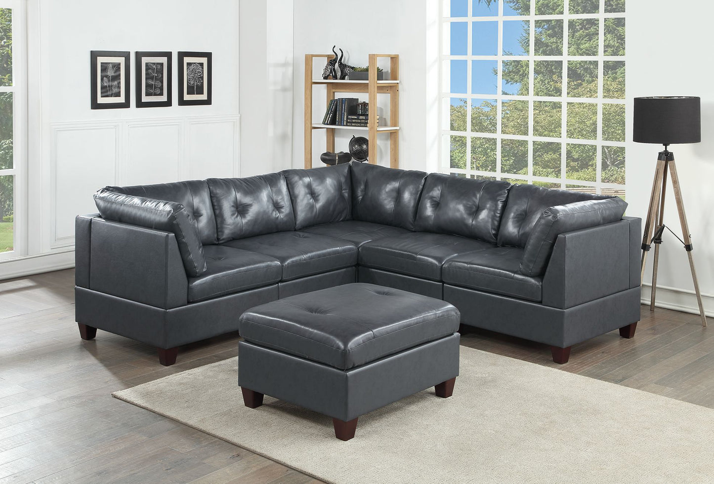 Luxurious Genuine Leather Black Tufted 6-Piece Modular Sectional Sofa Set - Contemporary Living Room Furniture