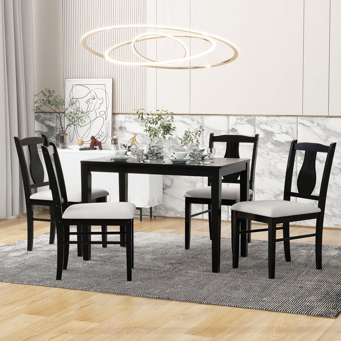 TREXM 5-Piece Kitchen Dining Table Set, Wooden Rectangular Dining Table and 4 Upholstered Chairs for Kitchen and Dining Room (Ebony Black)