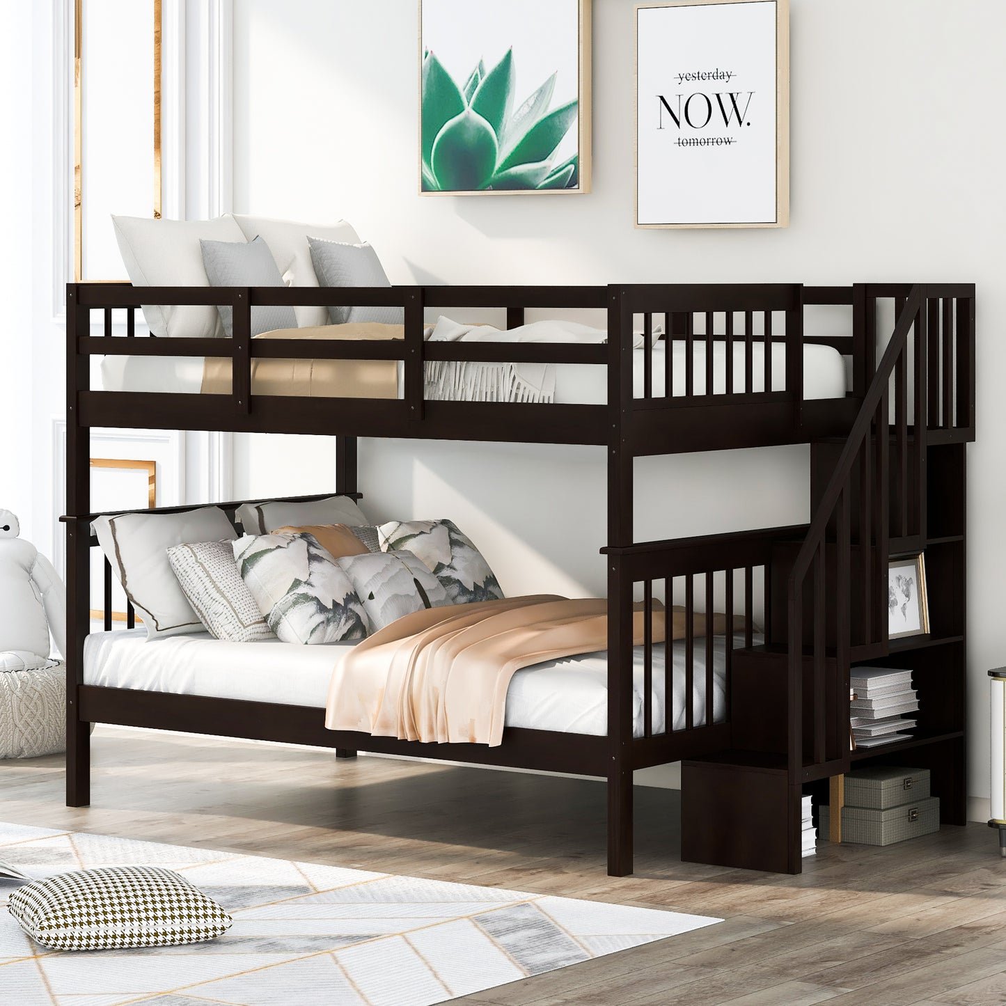 Stairway Full-Over-Full Bunk Bed with Storage and Guard Rail for Maximum Space Utilization