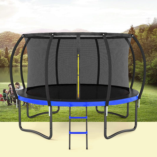 14-Foot Black and Blue Outdoor Trampoline for Kids with Safety Net, Ladder, and PVC Padding