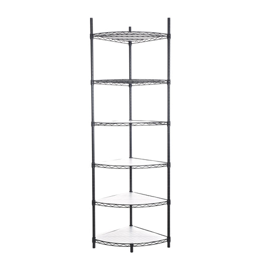 6 Tier Shelf Corner Wire Shelf Rack Adjustable Metal Heavy Duty Free Standing Corner Storage Display Chrome Rack for Bathroom, Living Room, Kitchen - Black