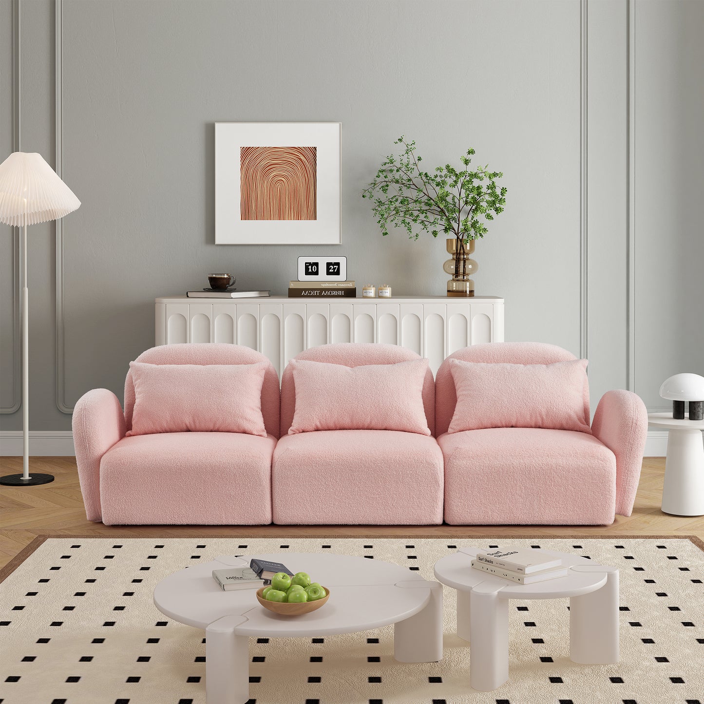 Living Room Furniture Three Seat Lazy Sofa Teddy Fabric Pink