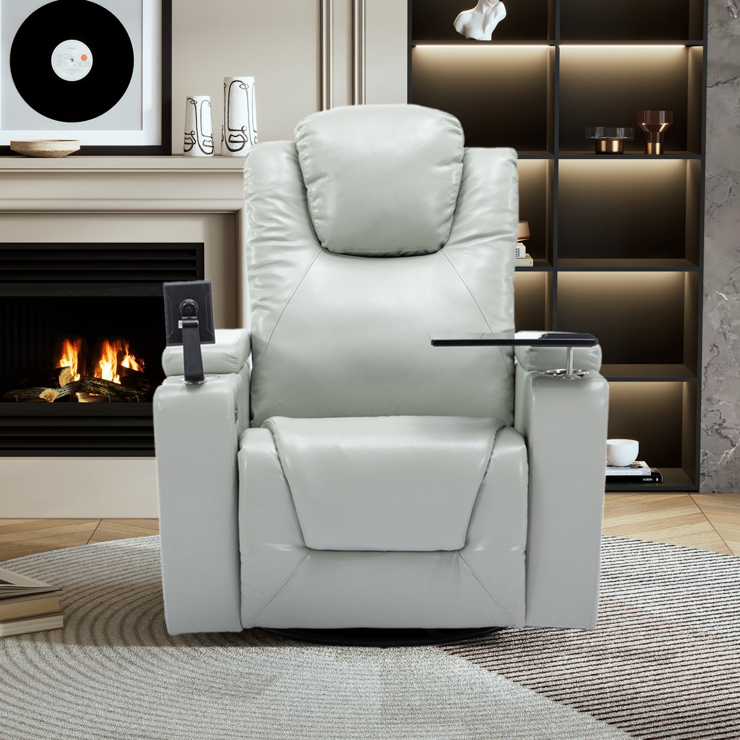 Luxurious Grey PU Leather Power Recliner with Surround Sound and Storage.