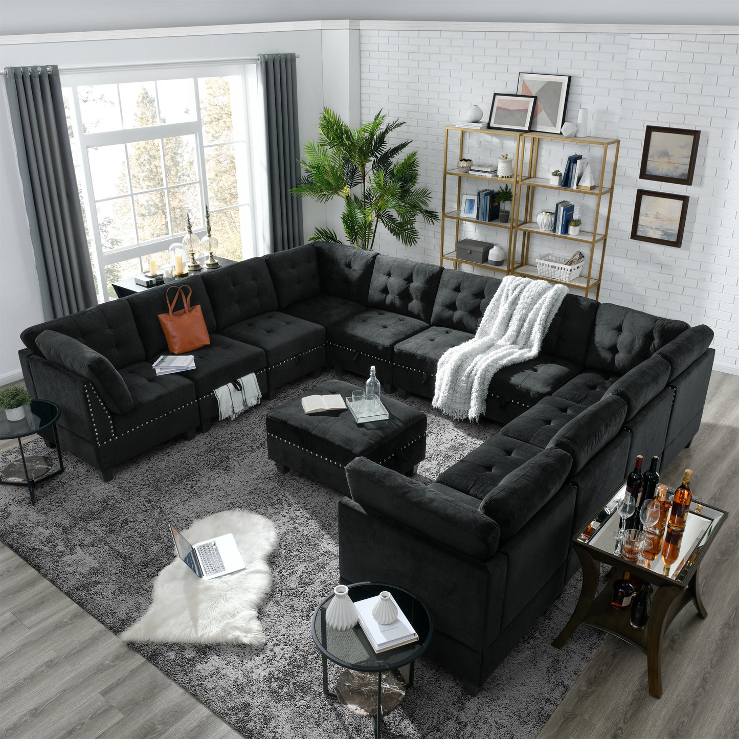 Customizable Black Velvet Modular Sectional Sofa with Bonus Storage and Copper Accents