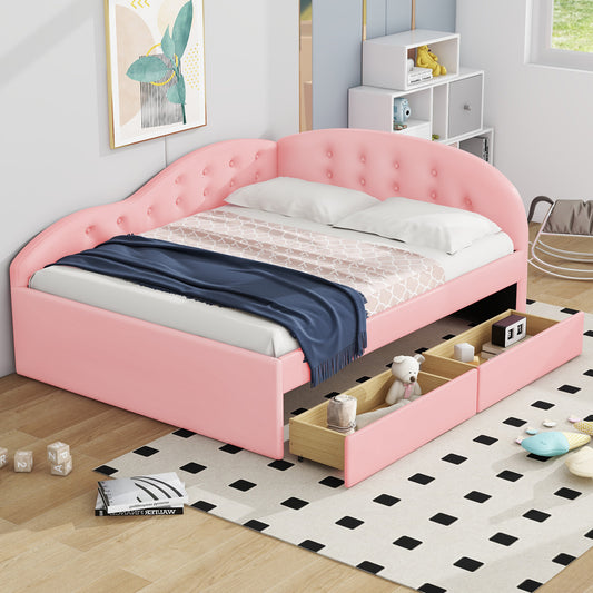 Full Size PU Upholstered Tufted Daybed with Two Drawers and Cloud Shaped Guardrail, Pink