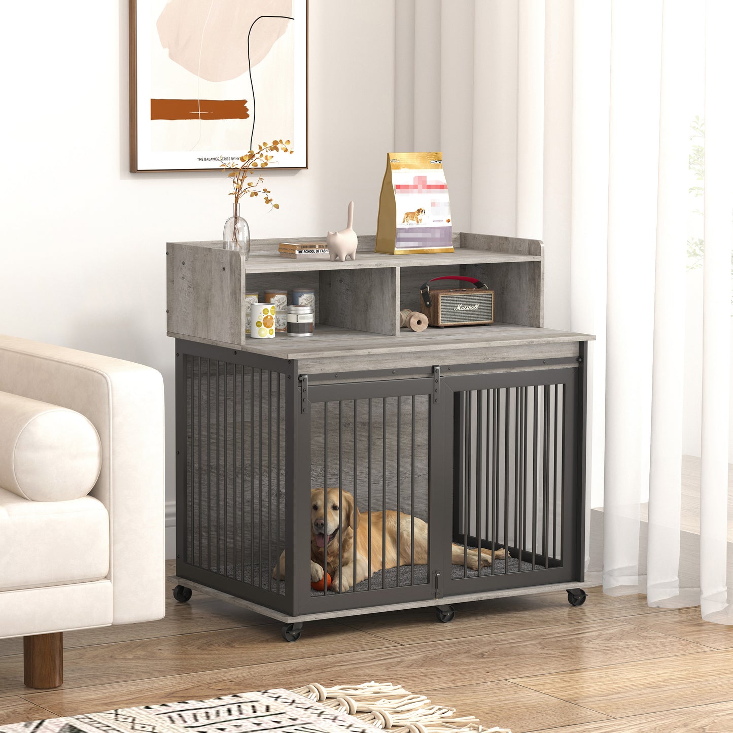 Furniture type dog cage iron frame door with cabinet, top can be opened and closed. Grey, 43.7'' W  x 29.9'' D  x 42.2'' H