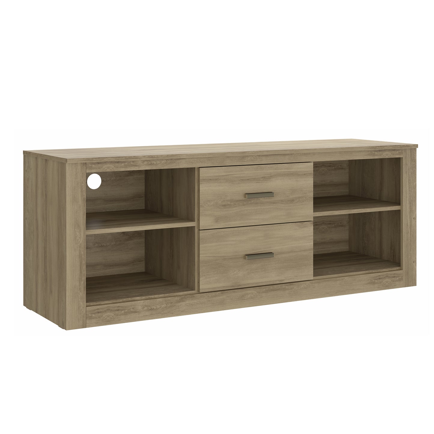 59-Inch Oak Brown Wooden TV Stand with Drawers and Open Compartments