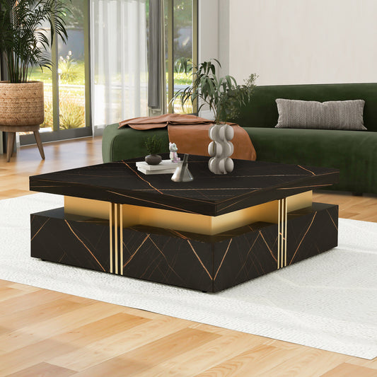 Contemporary Square Black Coffee Table with Gold Accents and Storage Drawers