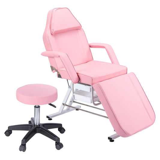 Massage Salon Tattoo Chair  with Two Trays Esthetician Bed with Hydraulic Stool,Multi-Purpose 3-Section Facial Bed Table, Adjustable Beauty Barber Spa Beauty Equipment, Pink