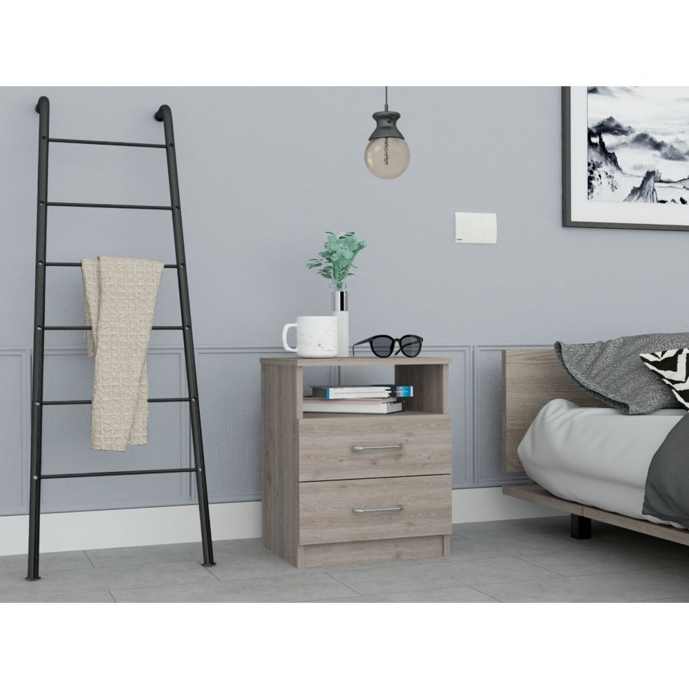 Napoles Nightstand, Superior Top, Two Drawers, One Shelf -Light Gray