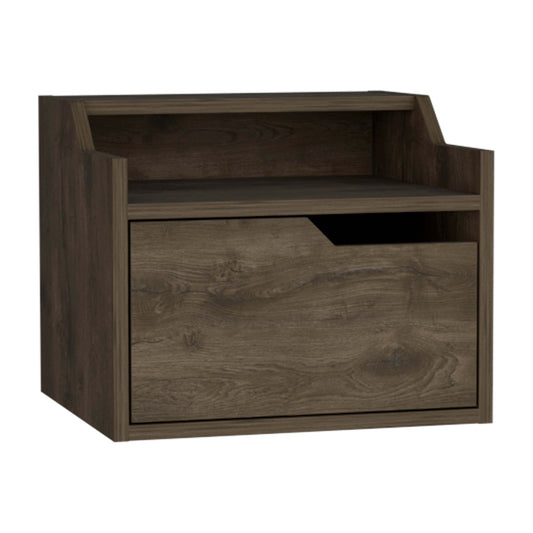 Busan Modern Floating Nightstand, Single-Drawer Design with Sleek Two-Tiered Top Shelf Surfaces- Dark Brown - Bedroom