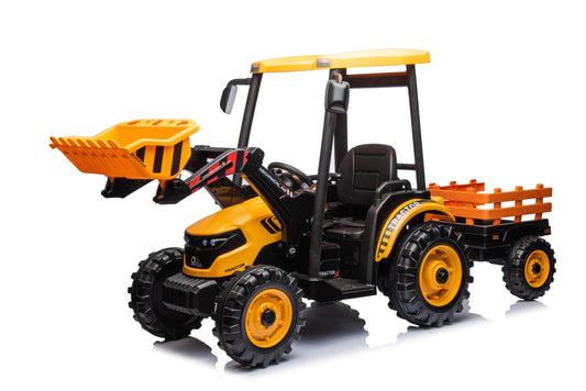 Yellow Pedal Tractor with Loader and Backhoe Digger, Electric Ride-On Car for Kids with Trailer