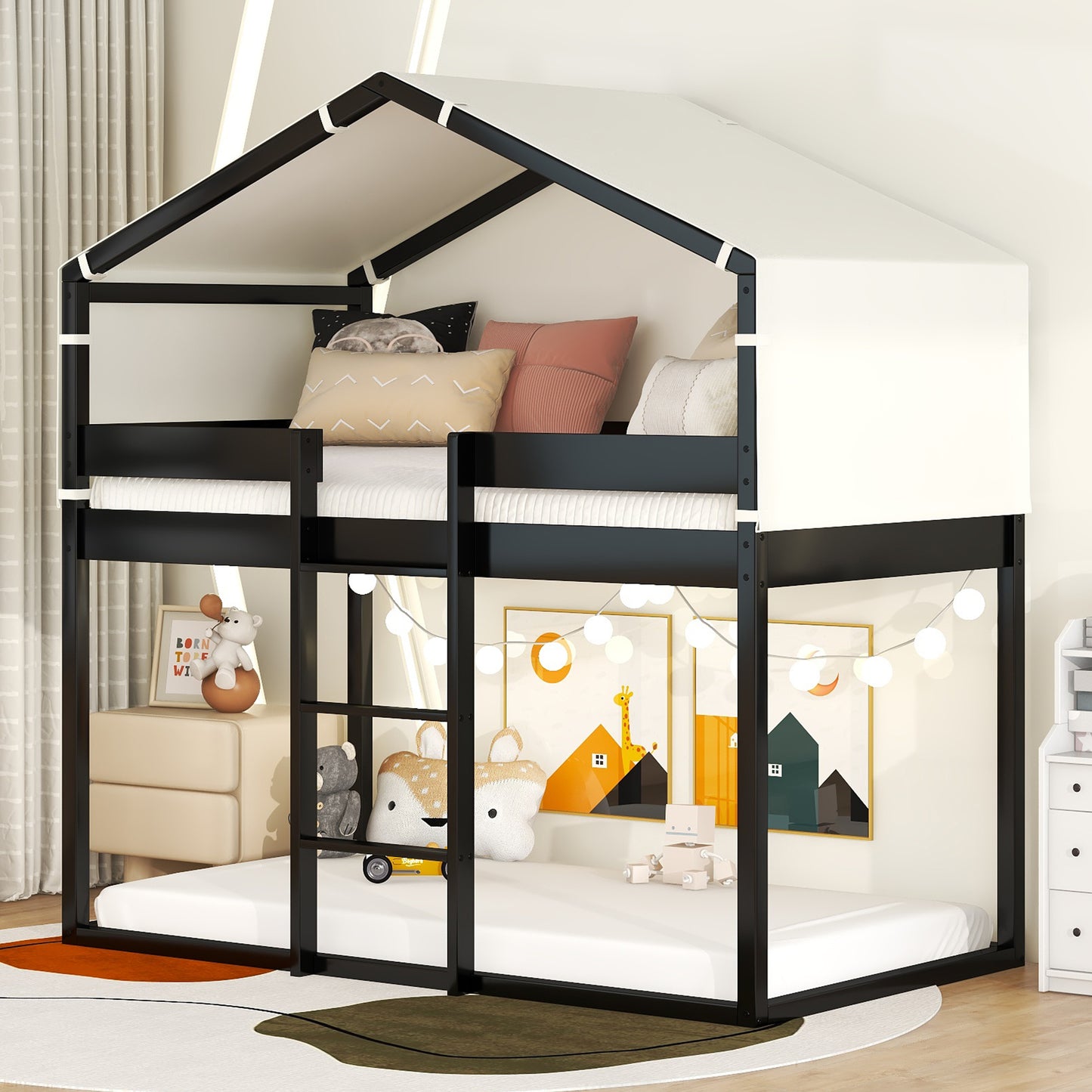 Espresso Wood Bunk Bed with Fun Tent House Design