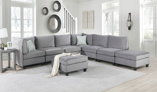 Zelmira Gray Velvet 8-Piece Convertible Sectional Couch