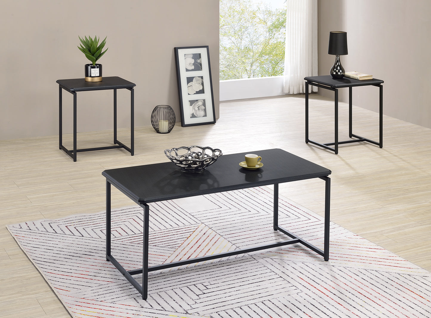 Sleek Black Carbon Fiber Coffee Table and End Table Set